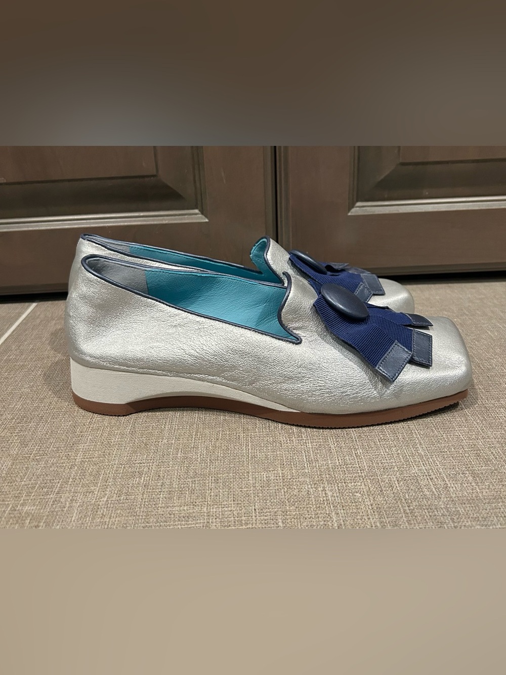 Thierry Rabotin Slip-On Wedge Loafers with Accent in Silver/Blue, Size 37